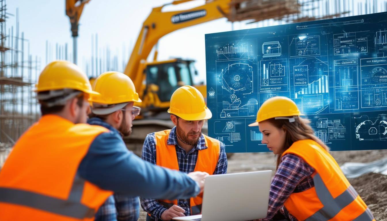 Construction crew on site accessing a computer.